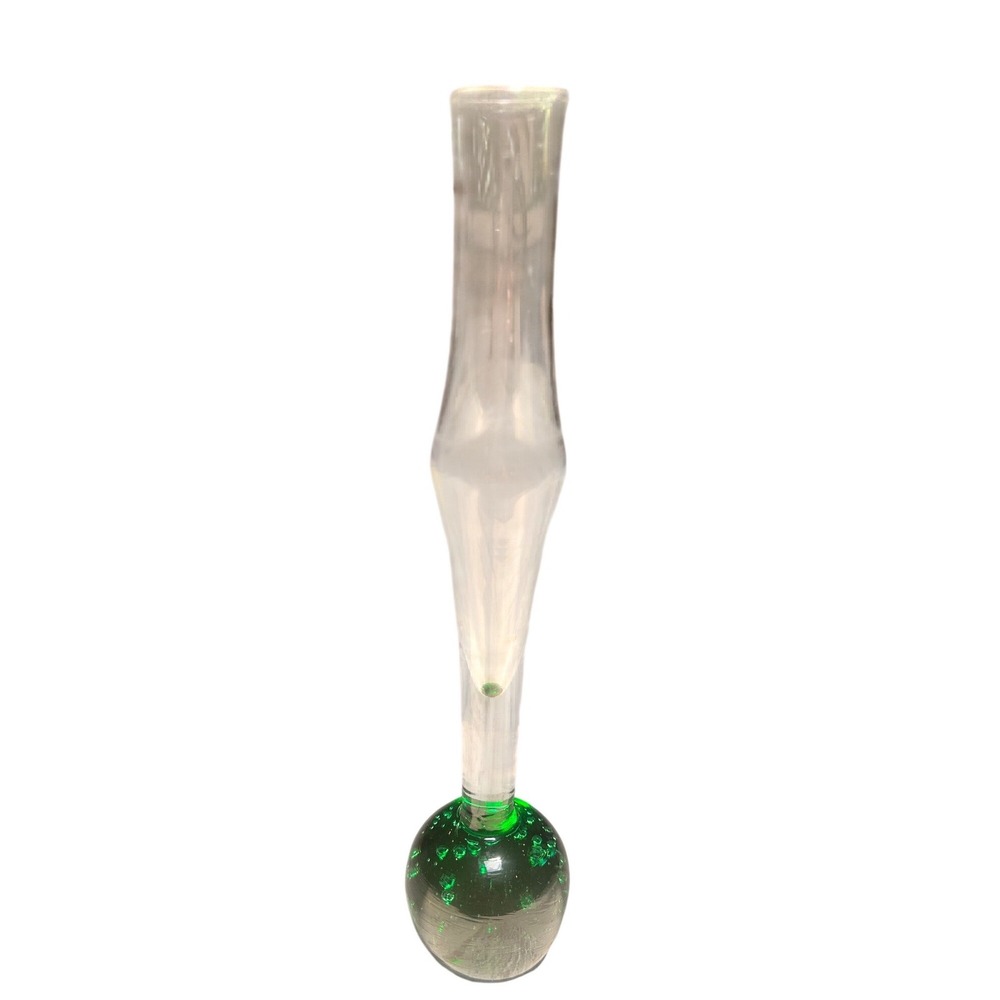 Vintage Green Controlled Bubble Base Bud Vase Clear Art Glass Mid Century 8 Inch